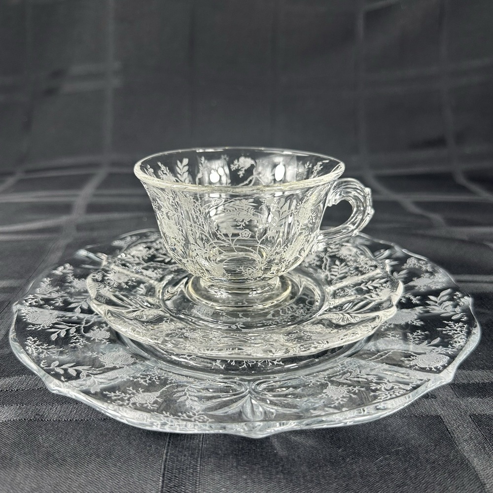 Vintage Fostoria Chintz Trio Set • Etched Glass Cup Saucer Plate • Baroque Blank